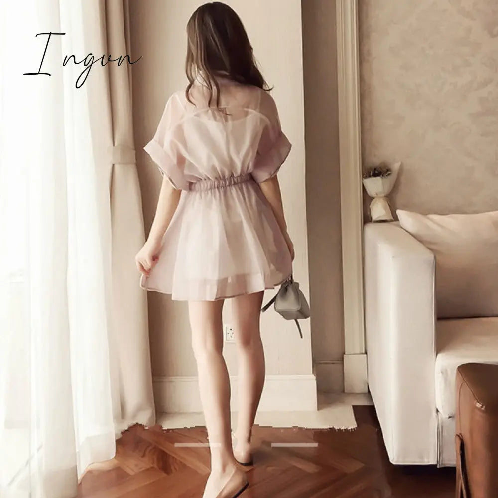 Ingvn - Summer Outfits Summer Two-piece Set Mini Dress Women Korean Short Sleeve Stand Organza Belt Single-breasted T-shirt Dresses + Cotton Base Shirt