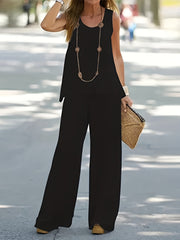Plus Size Casual Outfits Two Piece Set, Women's Plus Solid Round Neck Tank Top & Wide Leg Pants Outfits 2 Piece Set