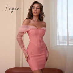 Ingvn - Fashion Trends Summer Women Sexy Off Shoulder Long Sleeve Backless Mesh Pink Mini Bodycon Bandage Dress Elegant Evening Club Party Dress
