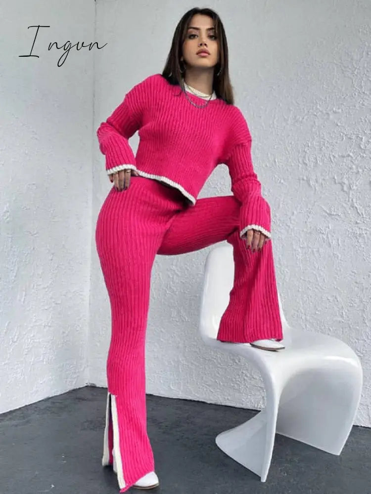Ingvn - Clothes Outfits For Women Tracksuits Casual Tops Pants Slit Set Solid Knit Sweaters 2 Piece Matching Sets Elegant