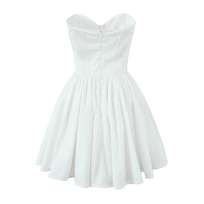 Summer White Mini Strapless Dress Sexy Elegant Fit and Flare Birthday Party Dresses Low Waist Cotton Women's Clothing