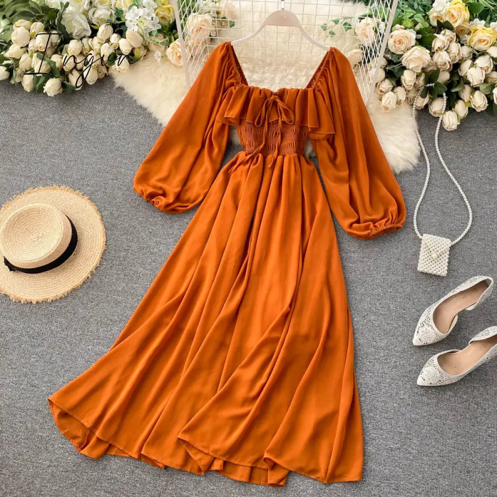 Ingvn - Woherb Chic Elegant Square Collar Maxi Dress Women Solid Chiffon Puff Sleeve Dresses Korean Fashion Vintage Ruffle Vestidos
