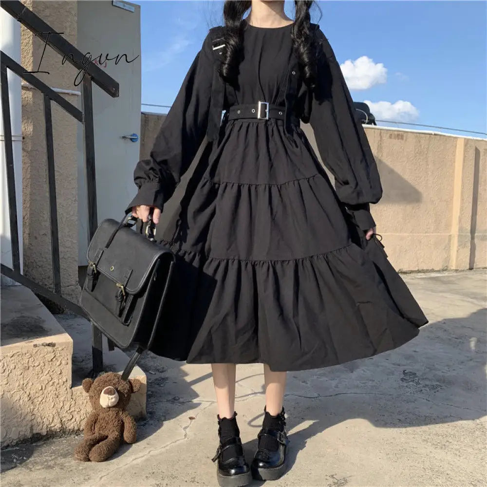 Ingvn - Gothic Style Dress Women Harajuku Gothic Lolita Kawaii Dress Punk Cute Long Sleeve Black Midi Dress Emo Mall Goth