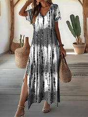 Tie Dye V-neck Dress, Elegant Split Short Sleeve Dress For Spring & Summer, Women's Clothing