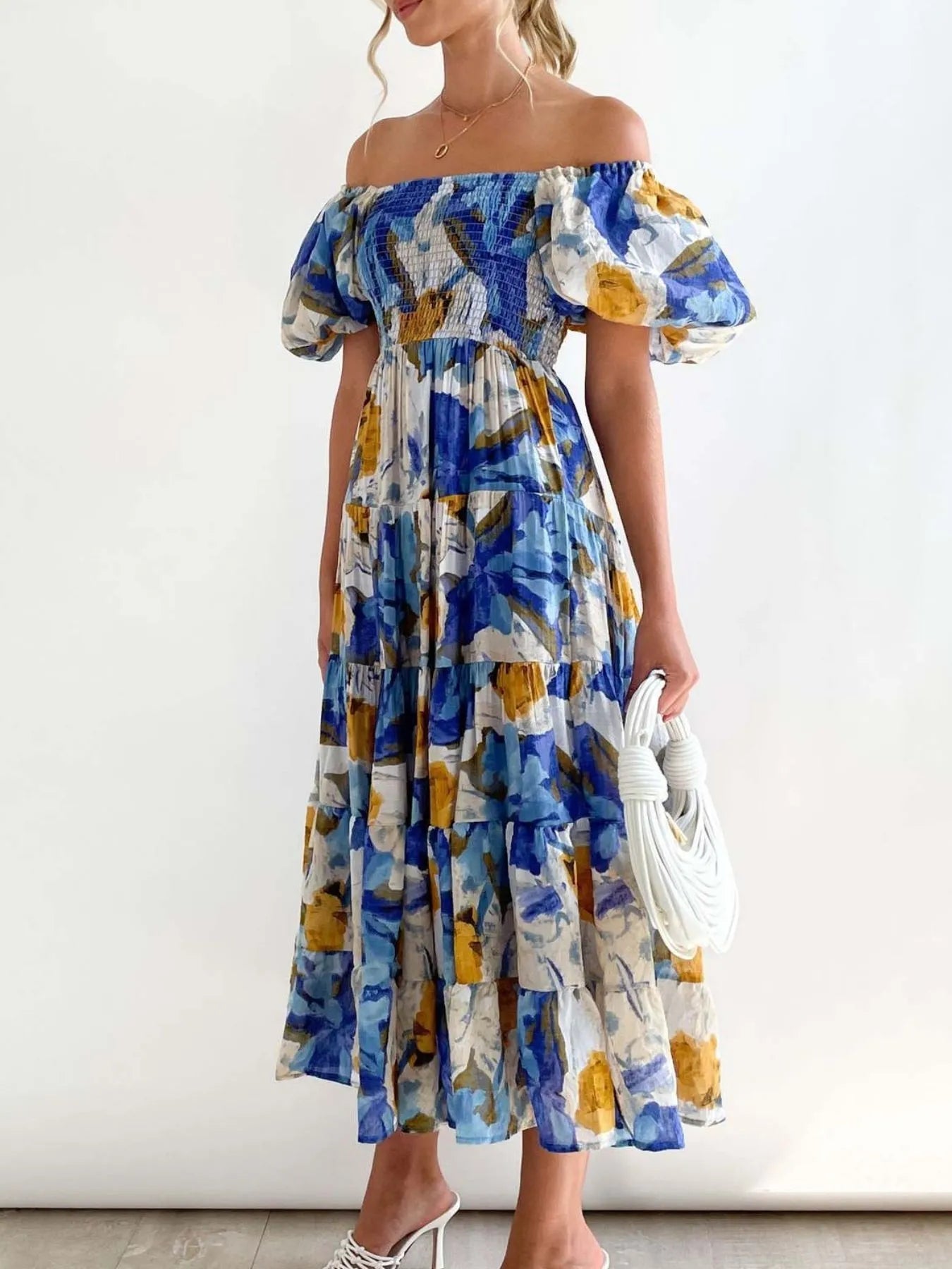 Floral Smocked Puff Sleeve Tiered Dress