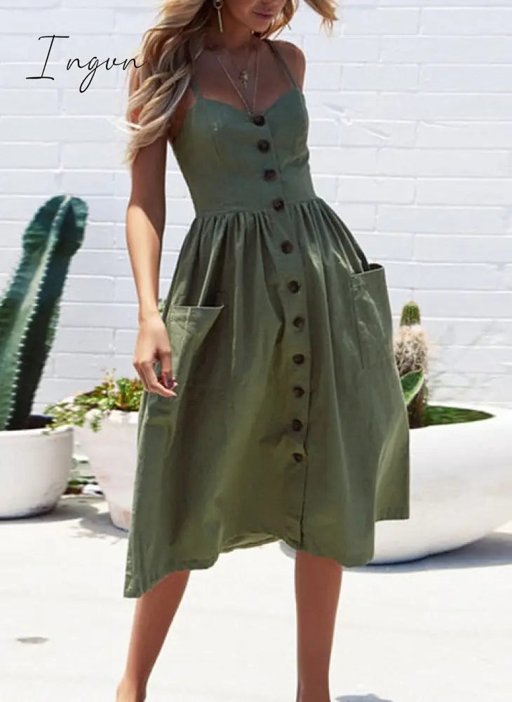 Ingvn - Boho Sexy Floral Dress Summer Vintage Casual Sundress Female Beach Dress Midi Button Backless Polka Dot Striped Women Dress