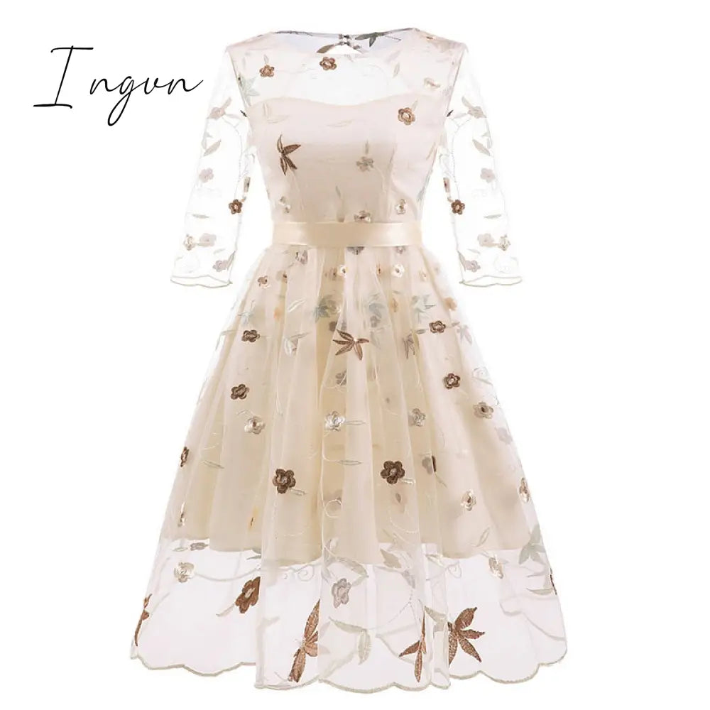 Ingvn - Spring Outfits New Summer Floral Print Embroidery Tulle Female Dress Sweet Elegant High Waist Lace Up A-line Mesh Women Dresses 2XL