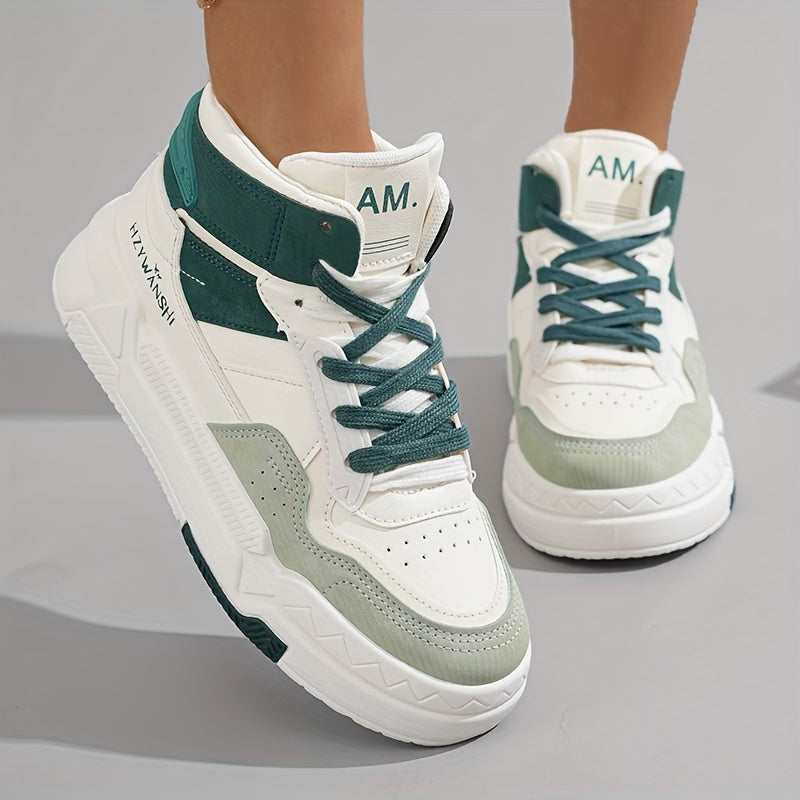 Trendy Women's High-Top Sneakers - Versatile White, Lace-Up Casual Shoes with Thick Sole, Breathable PU Cover & Comfort Fabric