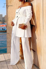 Ingvn - Elegant Solid Patchwork Buttons Asymmetrical Off the Shoulder Long Sleeve Two Pieces