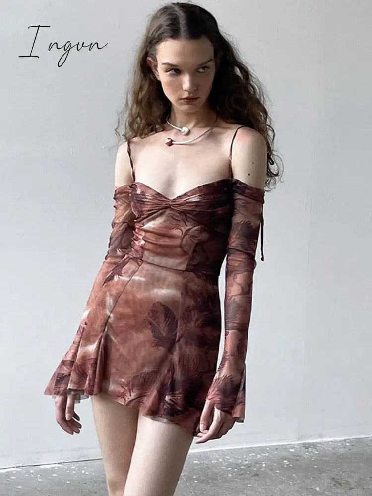 Ingvn - European-American Women's Clothing 2023 Summer Sexy One-Shoulder Flare Sleeve Print Waist Show Thin Sling Dress