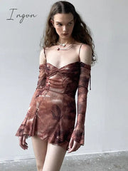 Ingvn - European-American Women's Clothing 2023 Summer Sexy One-Shoulder Flare Sleeve Print Waist Show Thin Sling Dress