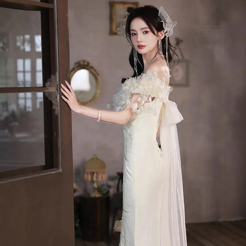 Beige white light luxury fairy evening dress new line shoulder waist fish tail banquet evening dress
