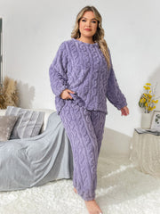 Plus Size Casual Pajamas Set, Women's Plus Solid Textured Long Sleeve Round Neck Warm Flannelette & Joggers Loungewear Two Piece Set