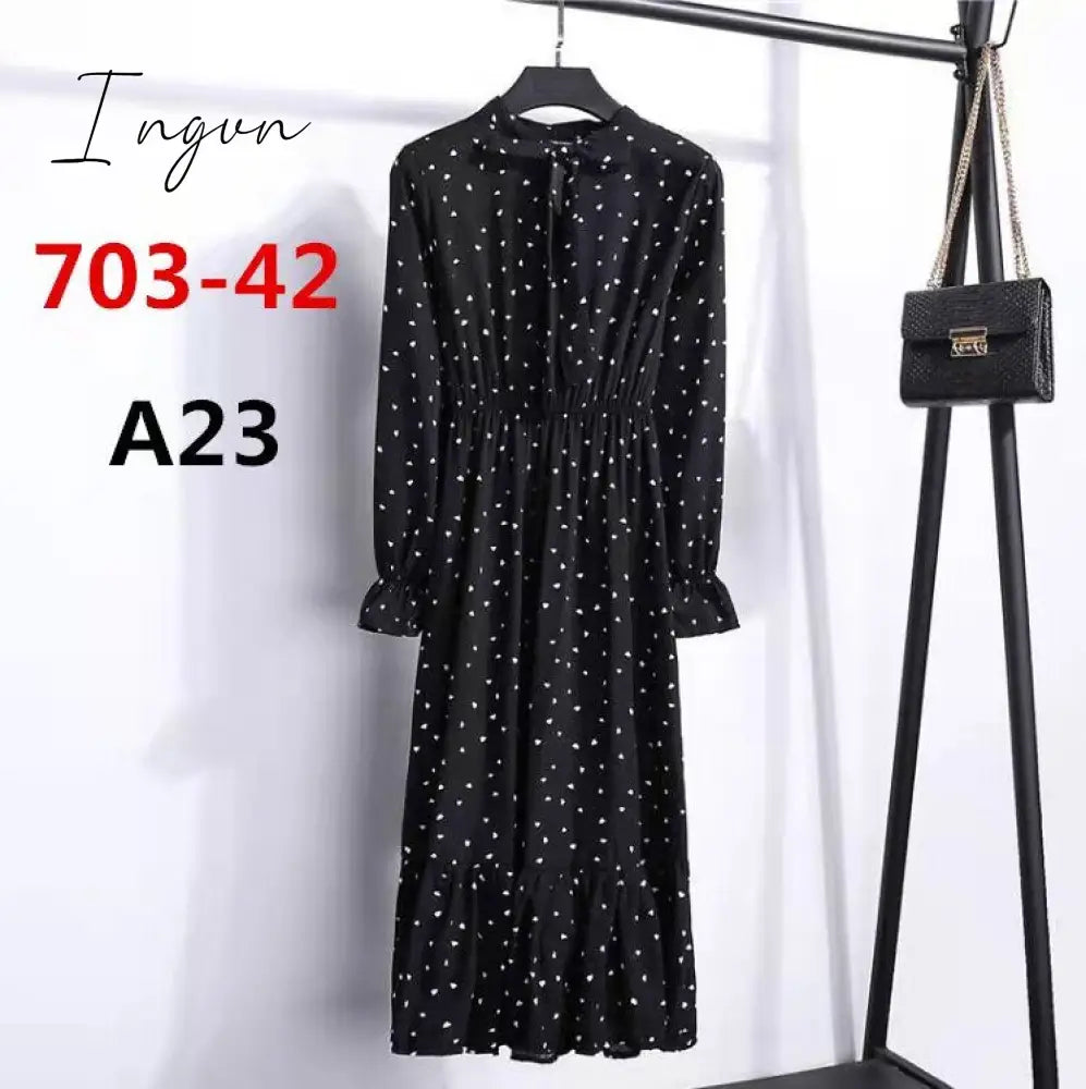 Ingvn - 11 Style Beautiful Fashion Summer Women Long Sleeve Dress Retro Collar Casual High Waist Dresses Floral Print Chiffon Clothing