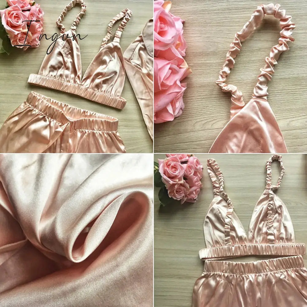 Ingvn - Fashion Solid Color Satin Robe Set With Bra Sexy Pajamas Set Female Home Suit For Women Pajama Spring Long Sleeve Sleepwear