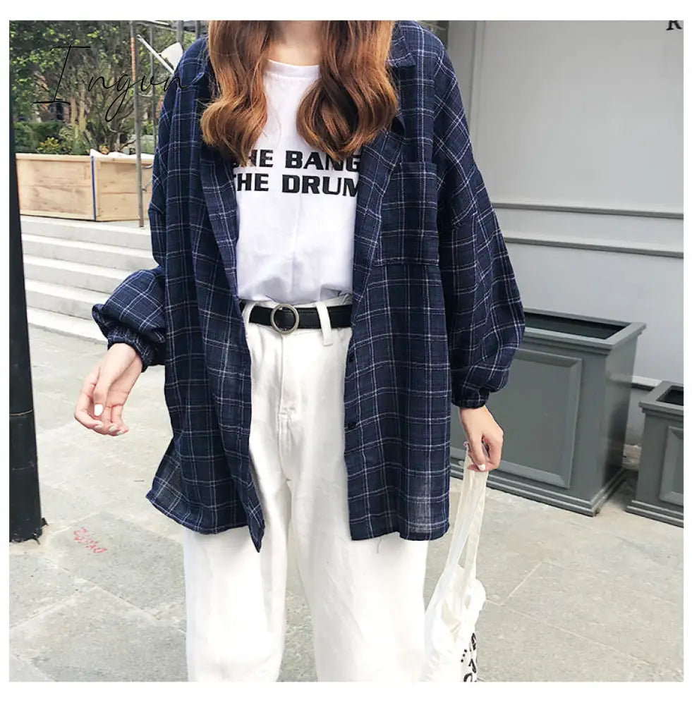 Ingvn - New Woman Vent Vintage Plaid Shirt Single Breasted Turn down Collar Cotton Long Sleeve Button Feminina Sales T8D512Z