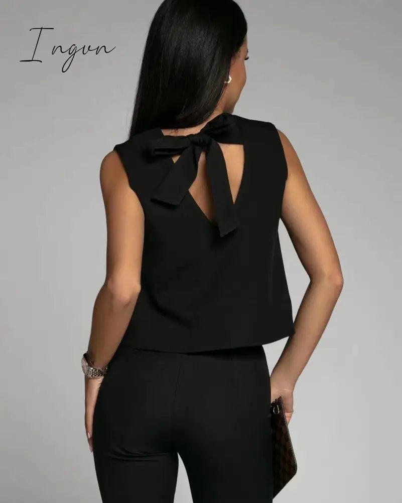 Ingvn - Office Elegant Commuter Set Fashion O-neck Sleeveless Tops and Flared Pants Suit Women Sexy Backless Tie Solid Two Piece Outfits
