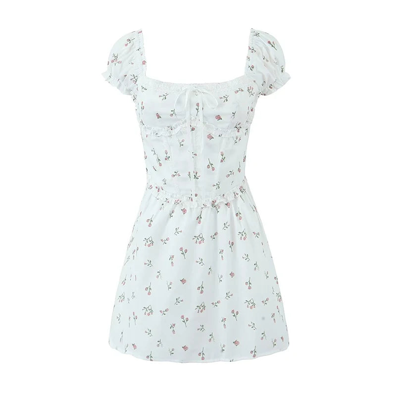 Women Sexy Elegant Pink Mini Dress Vintage Puff Sleeve Slim Low Waist Holiday Party Dresses Lacing Up Back Summer Robe