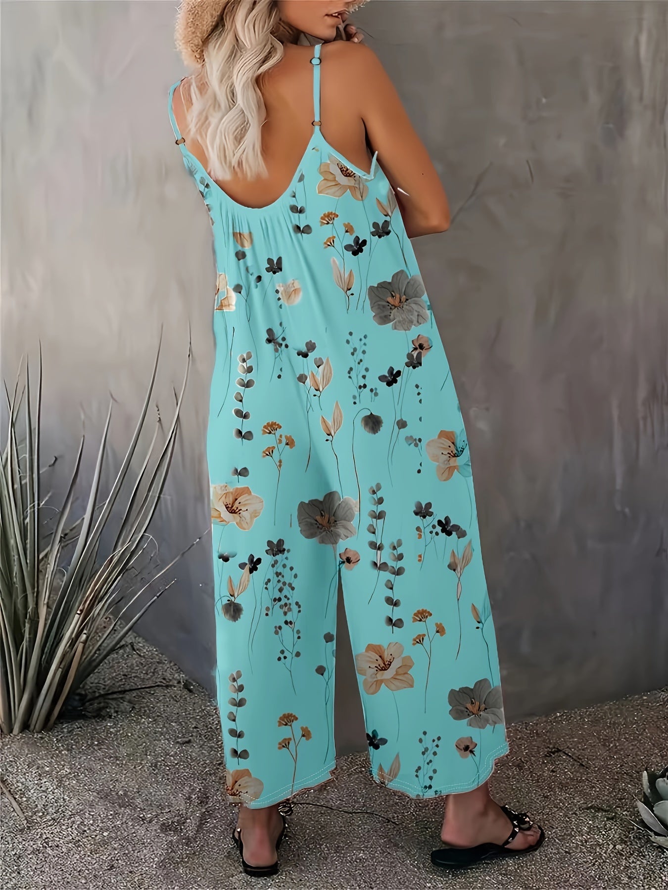 Floral Print Cami Jumpsuit, Casual Sleeveless Jumpsuit With Pockets For Spring & Summer, Women's Clothing