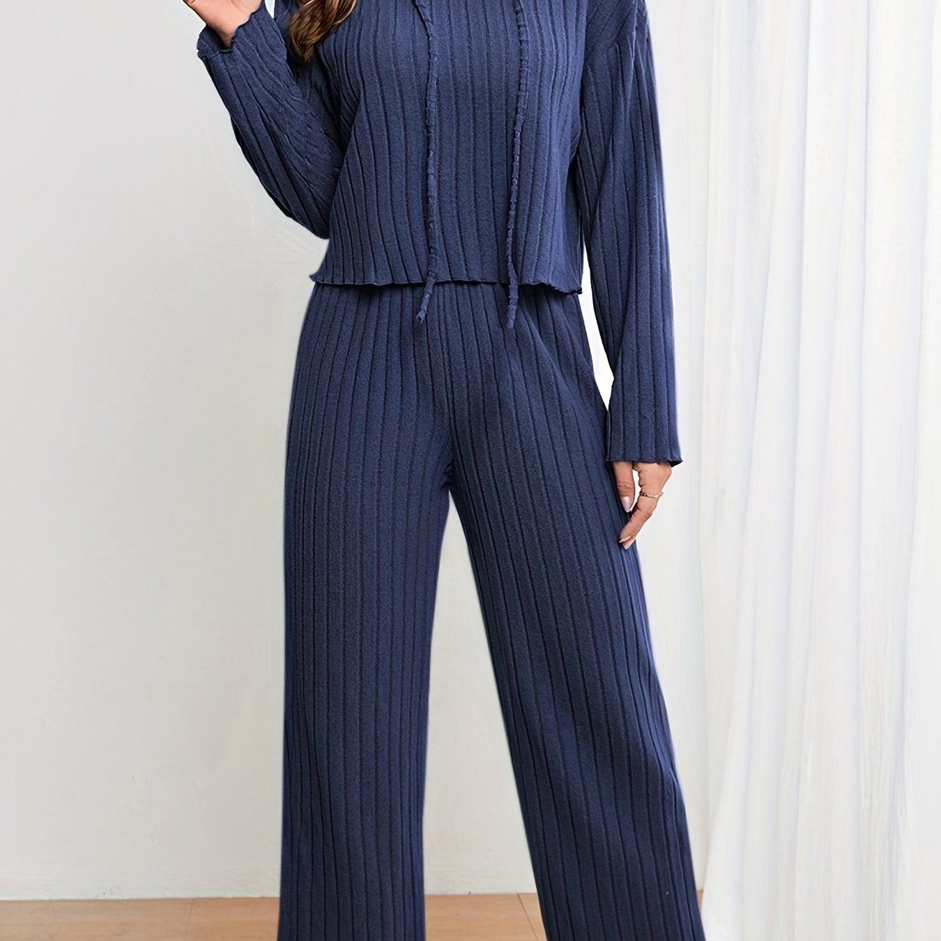 Two-piece Set, Casual Solid Ribbed Drawstring Long Sleeve Hoodie & Wide Leg Pants Outfits for Women
