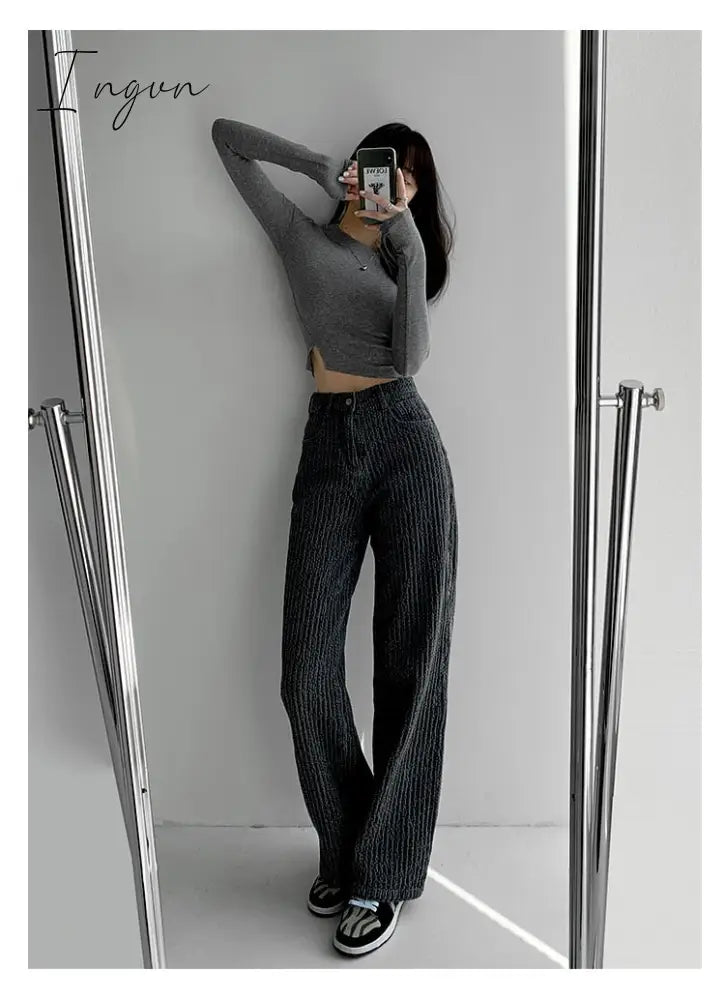Ingvn - Women Jeans High Waist Casual Streetwear y2k Baggy Office Lady New Fashion Korean Denim Trousers Female Straight Wide Leg Pants