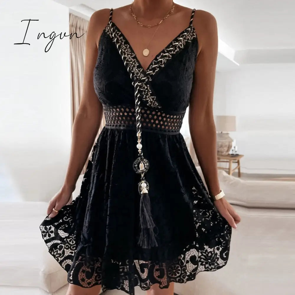 Ingvn - Women Sexy V Neck Tassel Long Dress Summer Sleeveless Off Shoulder Party Dress Elegant Hollow Out Crochet Lace Beach Dress