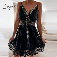 Ingvn - Women Sexy V Neck Tassel Long Dress Summer Sleeveless Off Shoulder Party Dress Elegant Hollow Out Crochet Lace Beach Dress