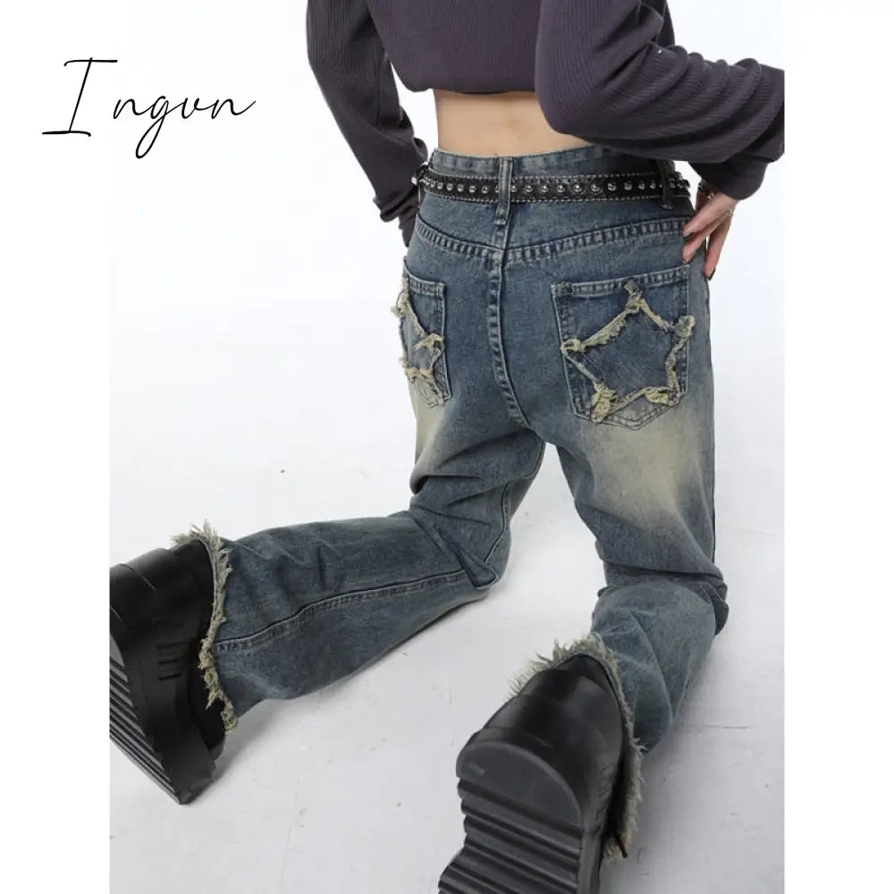Ingvn - Vintage Blue High Waist Women Jeans Stars American Fashion Streetwear Wide Leg Jean Female Trouser Straight Baggy Denim Pants