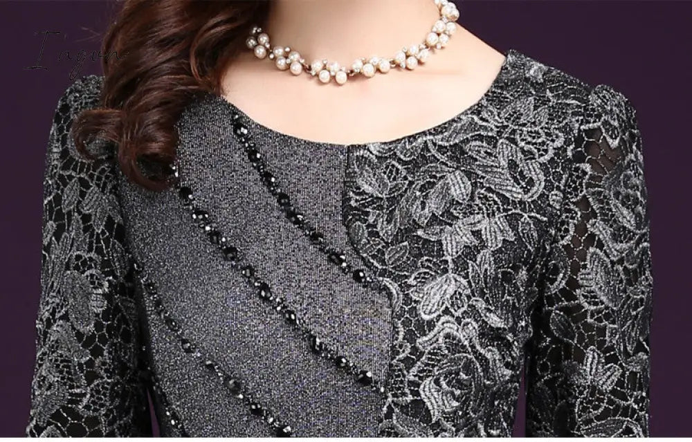 Ingvn - Women Sexy Dress autumn Elegant Women Winter 3/4 Sleeve Knee Length Vintage Ol Work Wear Bodycon Lace Crochet Dresses 4XL