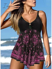 Ingvn - Women's Swimwear Tankini Swim Dress 2 Piece Normal Swimsuit 2 Piece Modest Swimwear Floral Print Black Purple Padded Strap Bathing Suits Sports Vacation Beach Wear