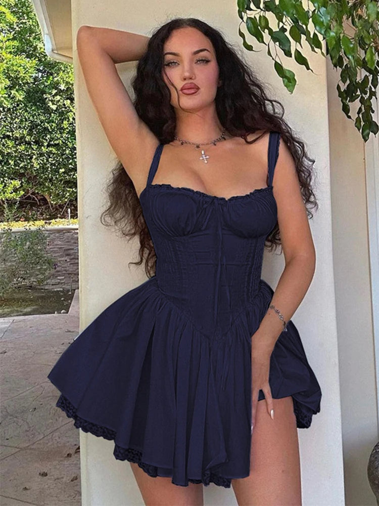 Lace Up Ruffle Backless Sexy Dresses Women Robes Elegant Evening Party Dress Mini Summer Dress