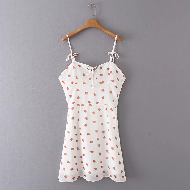 Voguable  Strawberry Print White Chiffon Long Dress Women Spaghetti Strap Vintage Boho Summer Beach Maxi Dress Sleeveless Sundress