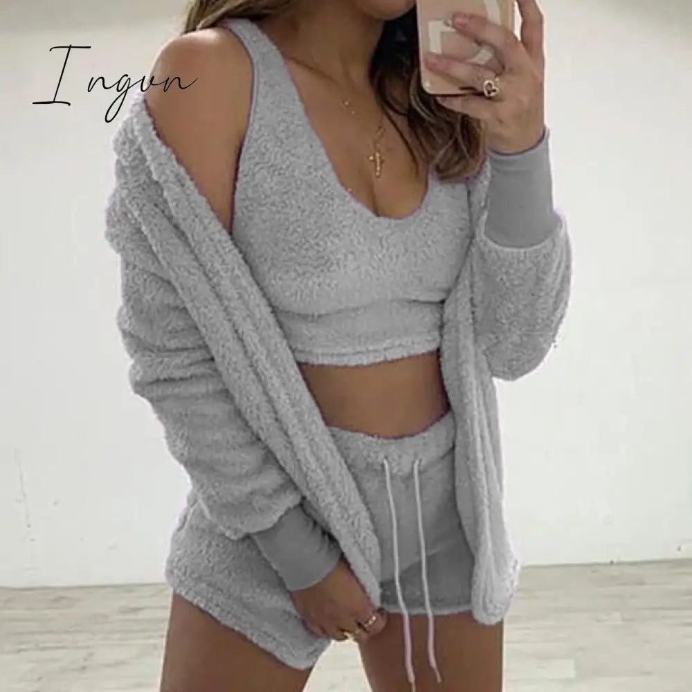 Ingvn - Three Piece Sexy Fluffy Outfits Plush Velvet Hooded Cardigan Coat+Shorts+Crop Top Women Tracksuit Sets Casual Sports Sweatshirt