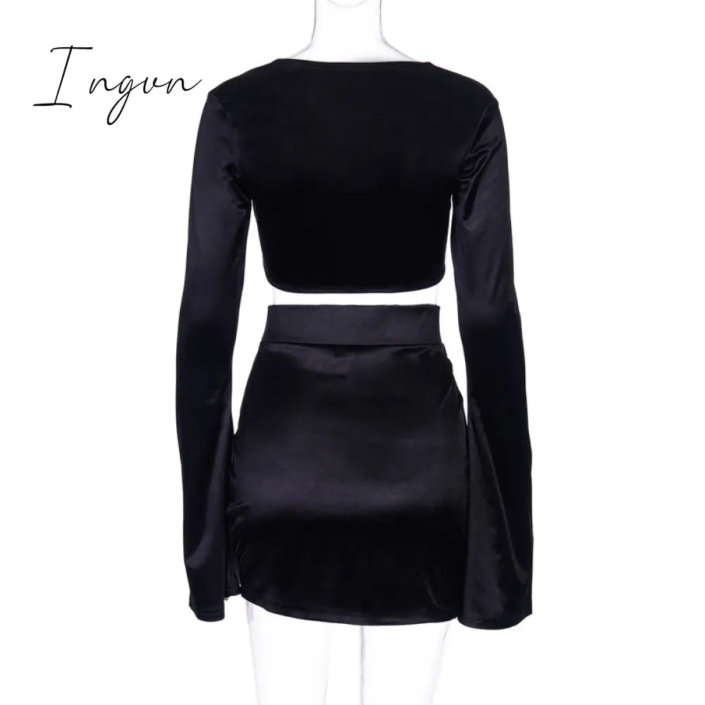 Ingvn - Satin Flare Long Sleeve 2 Two Piece Matching Set Women Crop Top Skirt Autumn Winter Birthday Fashion Sexy Clothes