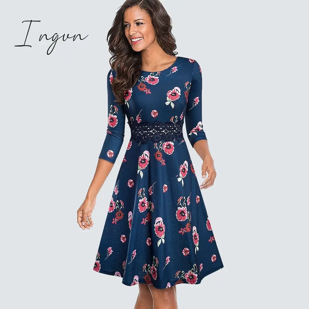 Ingvn - Women Vintage Casual Round Neck A line Summer Elegant Floral Lace Patchwork Sleeveless Tunic Party Swing Dress HA079