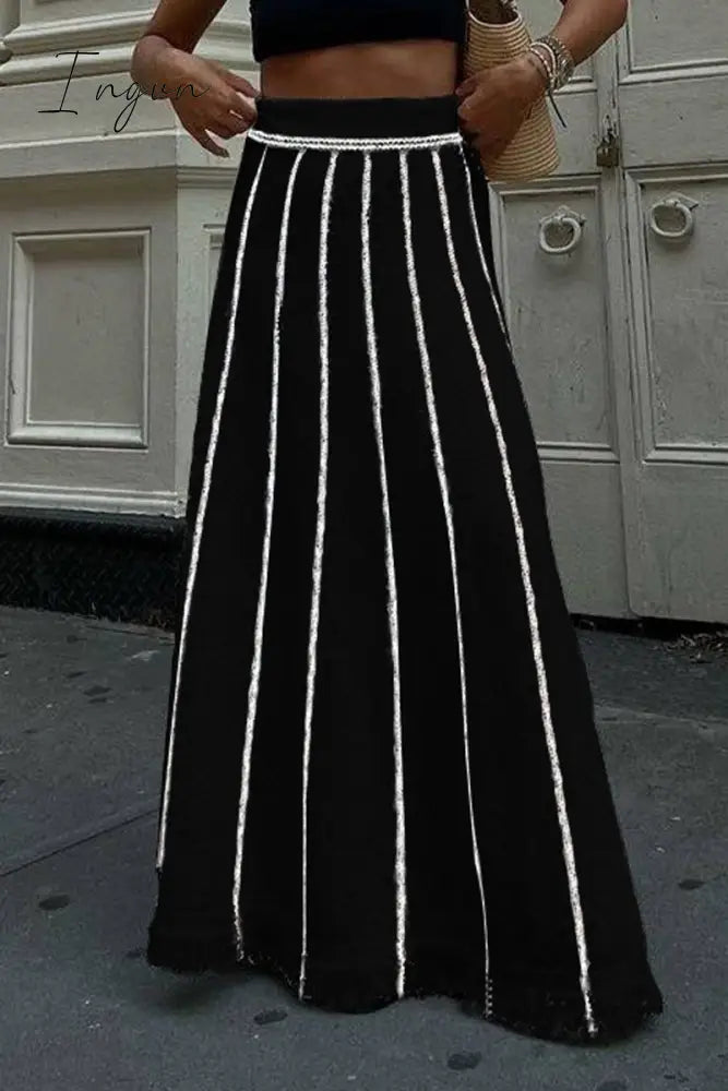 Ingvn - British Style Elegant Striped Tassel Patchwork High Waist Type A Patchwork Bottoms