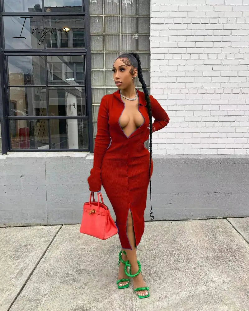 Ingvn - Womens Fashion Long Sleeve Knitted Button Midi Dress Turn Down Collar Slim Sexy Dresses Autumn Ribbed Robe Women Clothing Vestidos