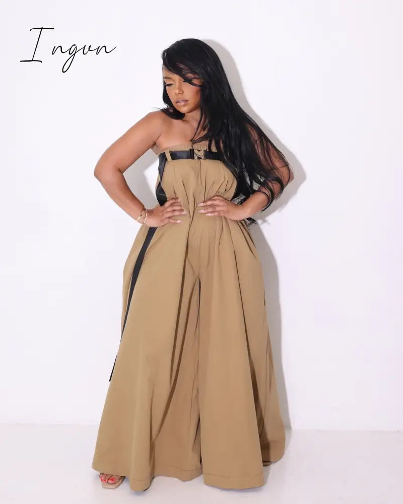 Ingvn - Women Strapless with Belt Straight Wide Leg Loose Skirt Style Jumpsuit 2023 Vintage Street INS Playsuit One Piece Set