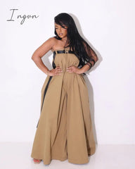 Ingvn - Women Strapless with Belt Straight Wide Leg Loose Skirt Style Jumpsuit 2023 Vintage Street INS Playsuit One Piece Set
