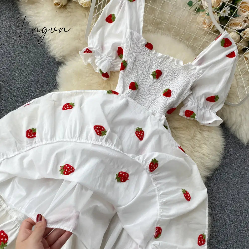 Ingvn - Strawberry Dress Cherry Kawaii Embroidery Puff Sleeve Dress Women Vintage White Square Neck Beach Dresses Korean Clothes
