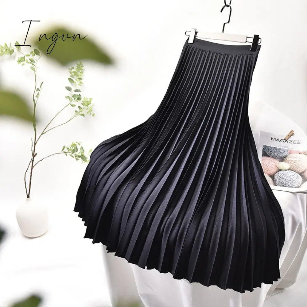 Ingvn - Brand Designer Women Spring Autumn Elegant Chic Solid Pleated Skirt High Waist Luxury Fashion With Elastic Female C-035