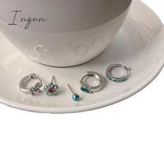 5Pcs/set Stainless Steel Aesthetic Flower Zircon Crystal Hoop Earrings for Women Egirl New Y2K Daily Wear Jewelry Accessorie