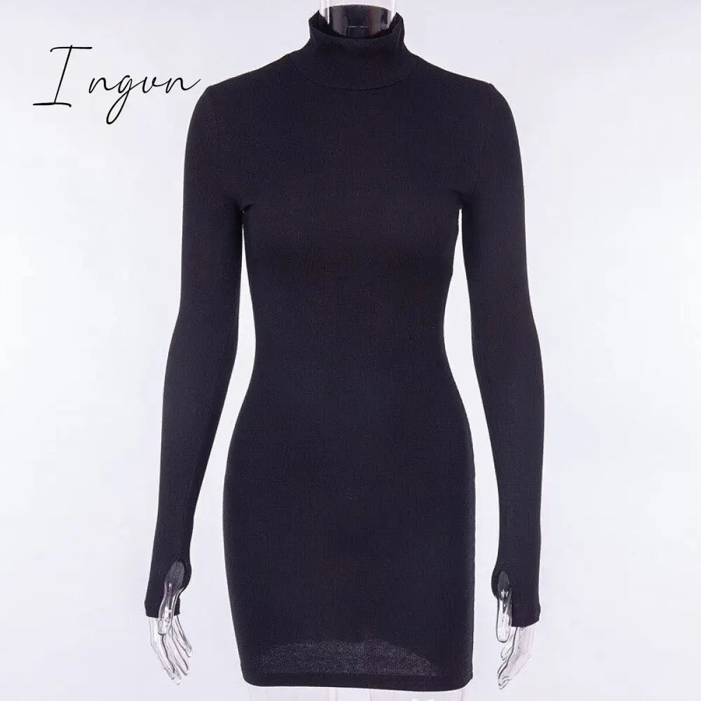 Ingvn - Autumn Long Sleeve Bottom Dress for Women High Collar Temperament Solid Color Dress Bodycon Mini Dresses Female Harajuku