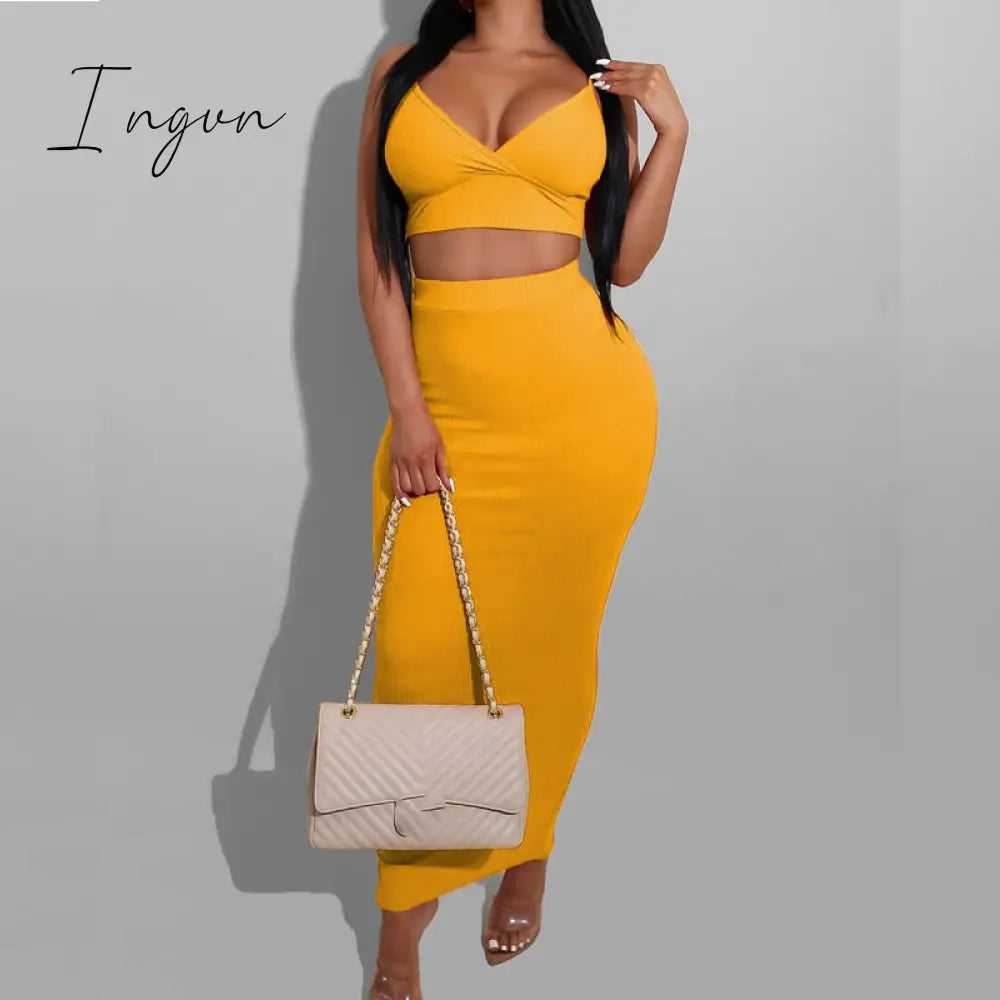 Ingvn - Sexy Two Piece Sets V-Neck Long Sleeve Crop Top Knitted Long Skirt Party Women Sets Wrap Club Bodycon 2 Pieces Outfits