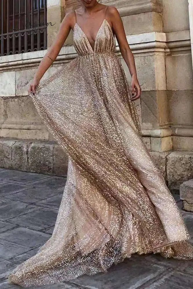 Ingvn - Sexy Formal Solid Sequined V Neck Sling Dress Dresses