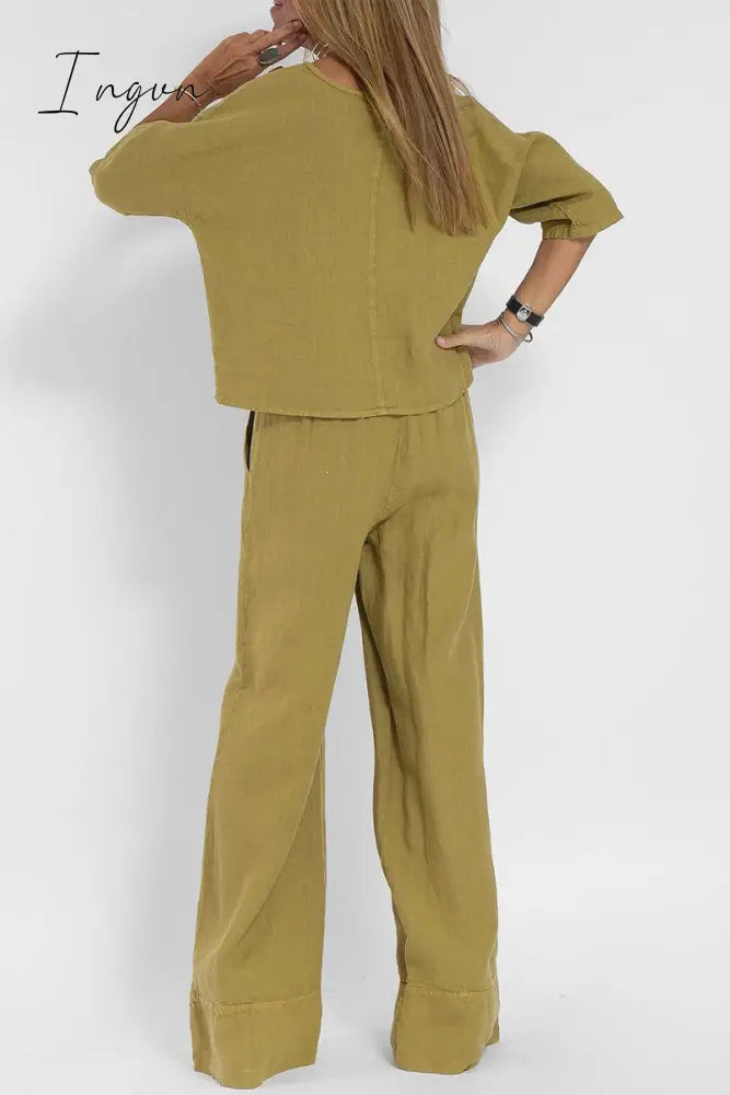 Ingvn - Casual Simplicity Solid Pocket O Neck Three Quarter Two Pieces