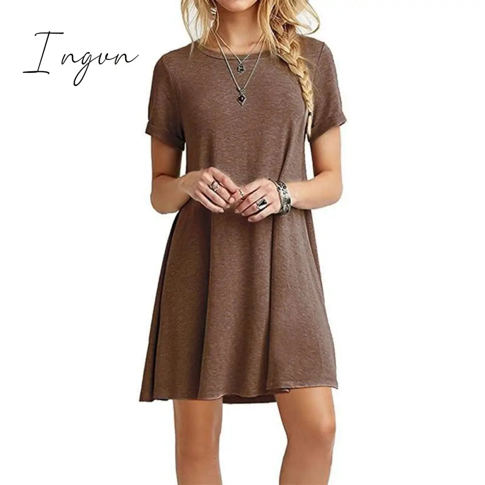 Ingvn - Women Female Short Sleeve Loose Mini Short A-line Dresses Summer Beach Casual Dress Candy Color S-XXL