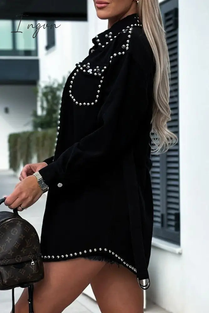 Ingvn - Casual Punk Solid Rivets Turndown Collar Long Sleeve Loose Denim Jacket