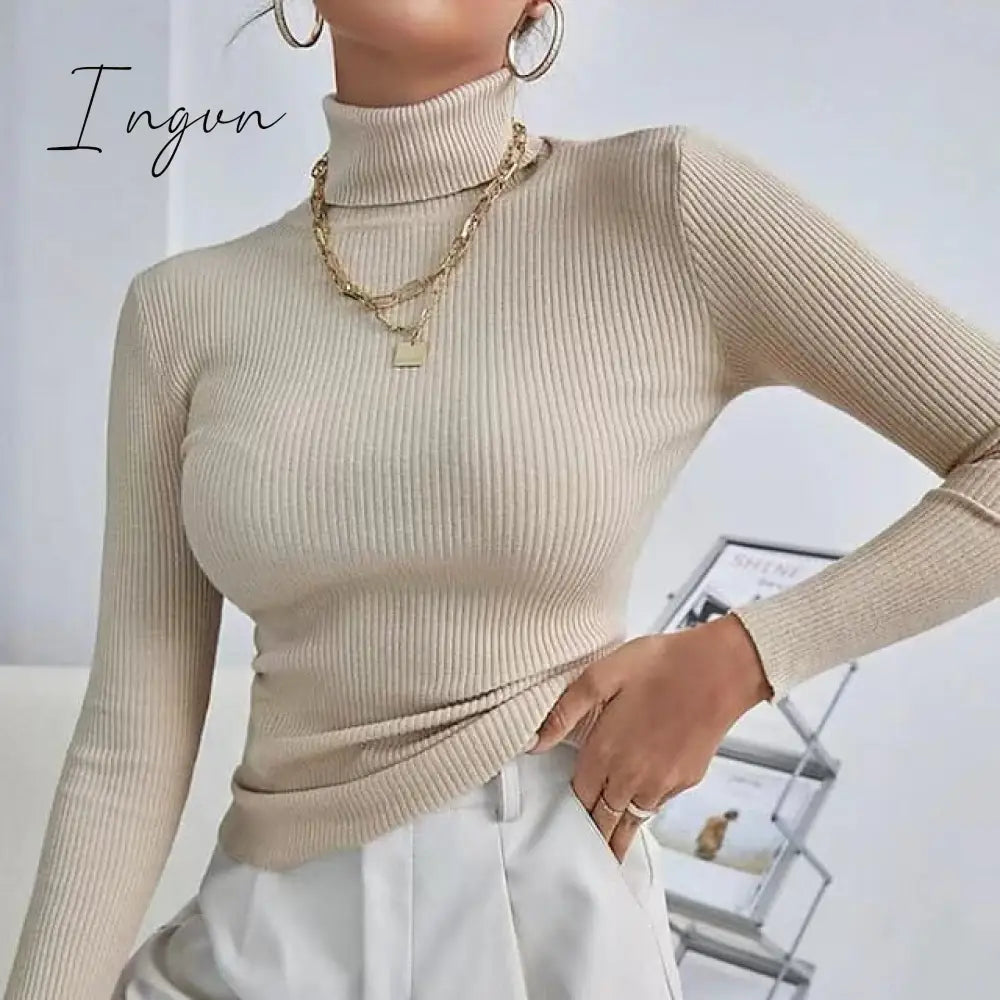 Ingvn - Women's Pullover Sweater Jumper Jumper Ribbed Knit Knitted Thin Solid Color Turtleneck Basic Casual Daily Winter Fall caramel Black One-Size