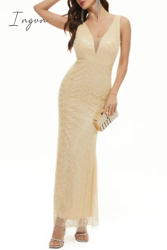 Ingvn - Sexy Formal Patchwork V Neck Evening Dress Dresses